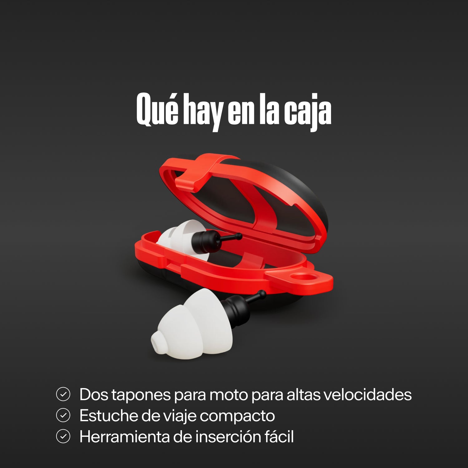 «Qué hay en la caja»: dos tapones Alpine MotoSafe Tour con un estuche de viaje rojo compacto abierto y una herramienta de inserción fácil