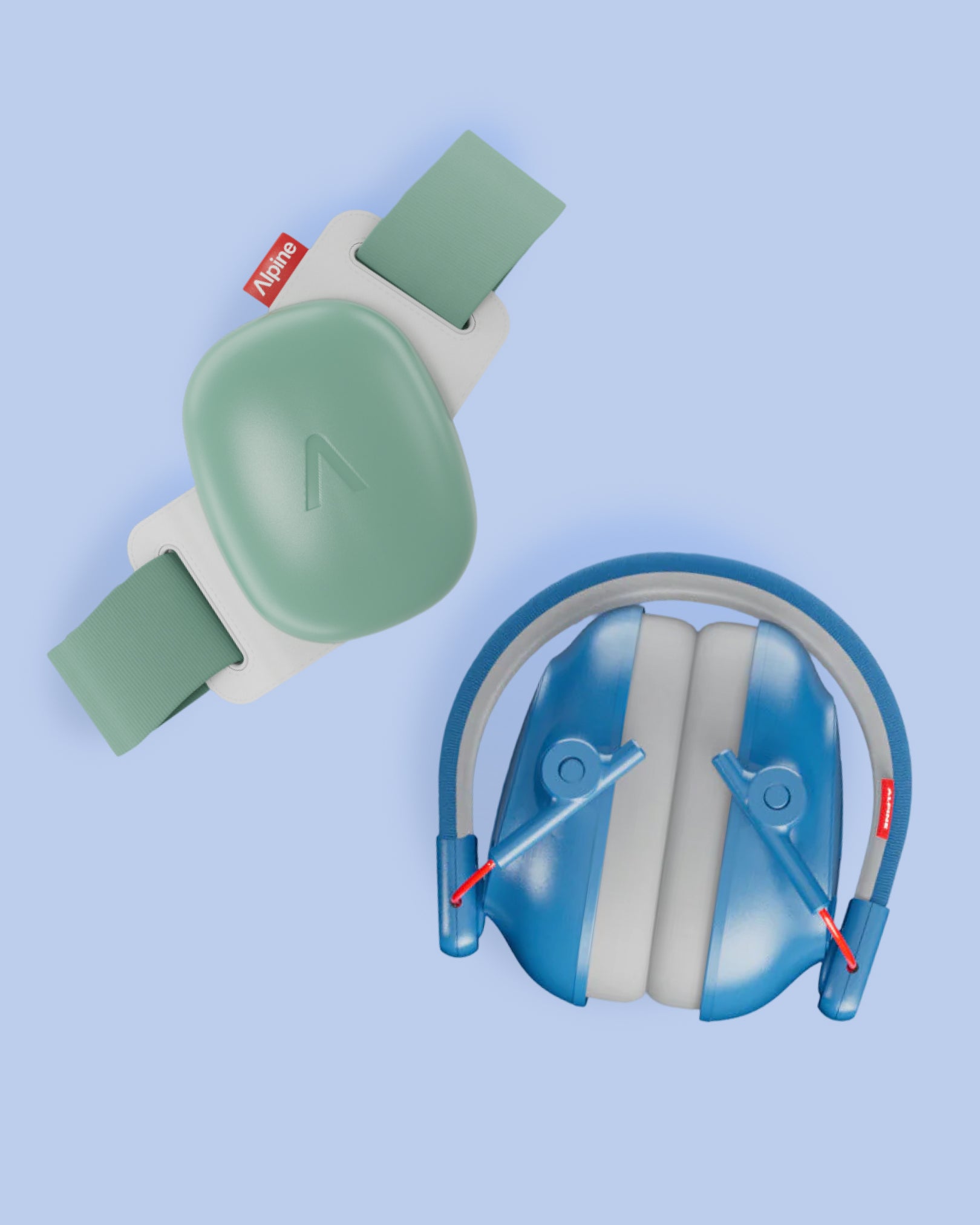Alpine Baby & Kids Bundle: Alpine Muffy Baby earmuffs and Alpine Muffy Kids earmuffs seen from the inside, 3D render