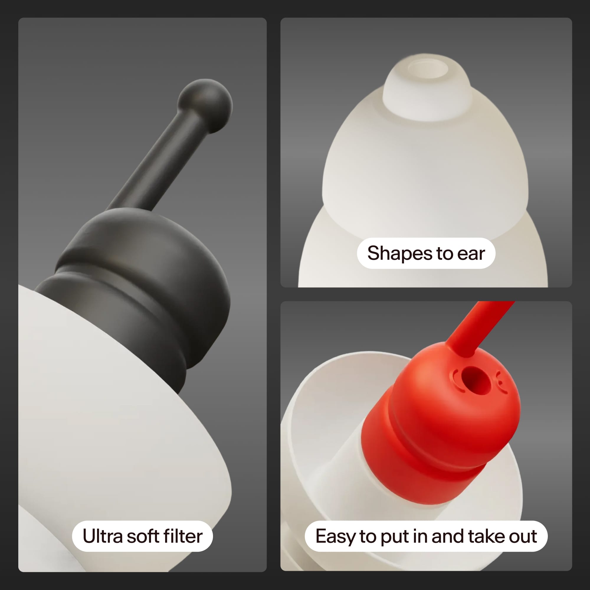 Close-ups of the Alpine MotoSafe Duo earplugs with the labels &