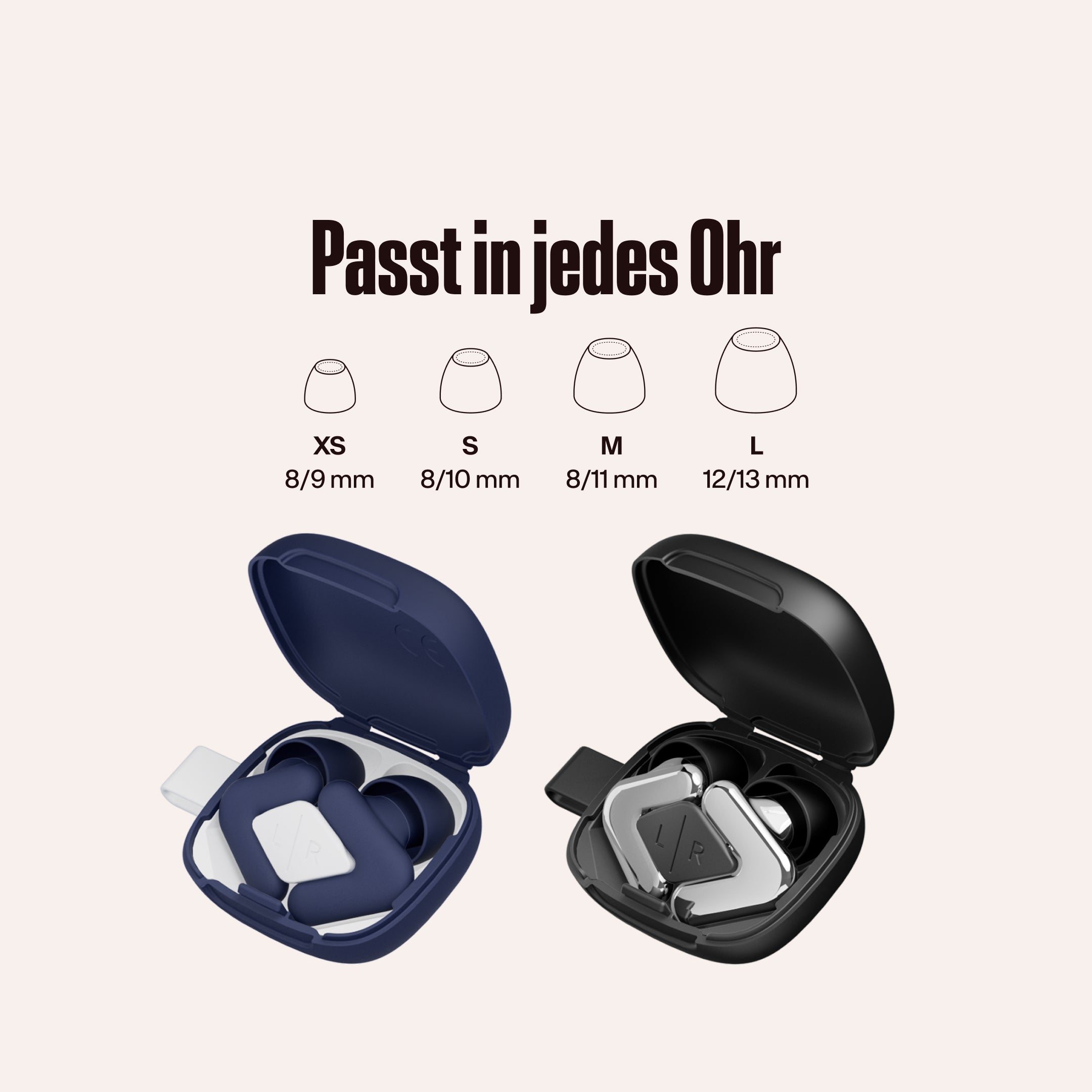 Alpine Silence und Alpine Tune Ohrstöpsel in offenen Etuis, mit dem Text &