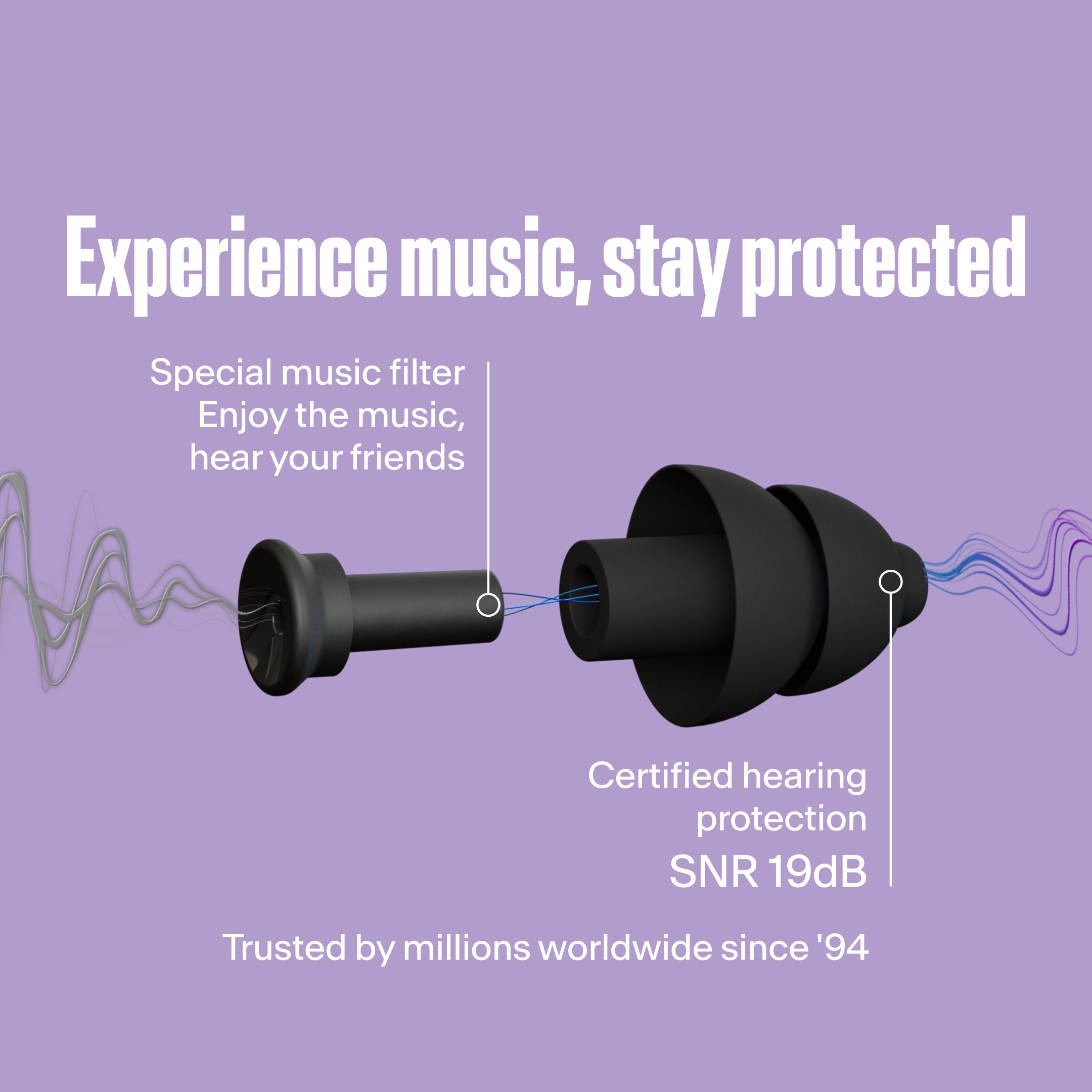 Alpine PartyPlug black: special music filter for hearing friends, SNR 19dB certified hearing protection