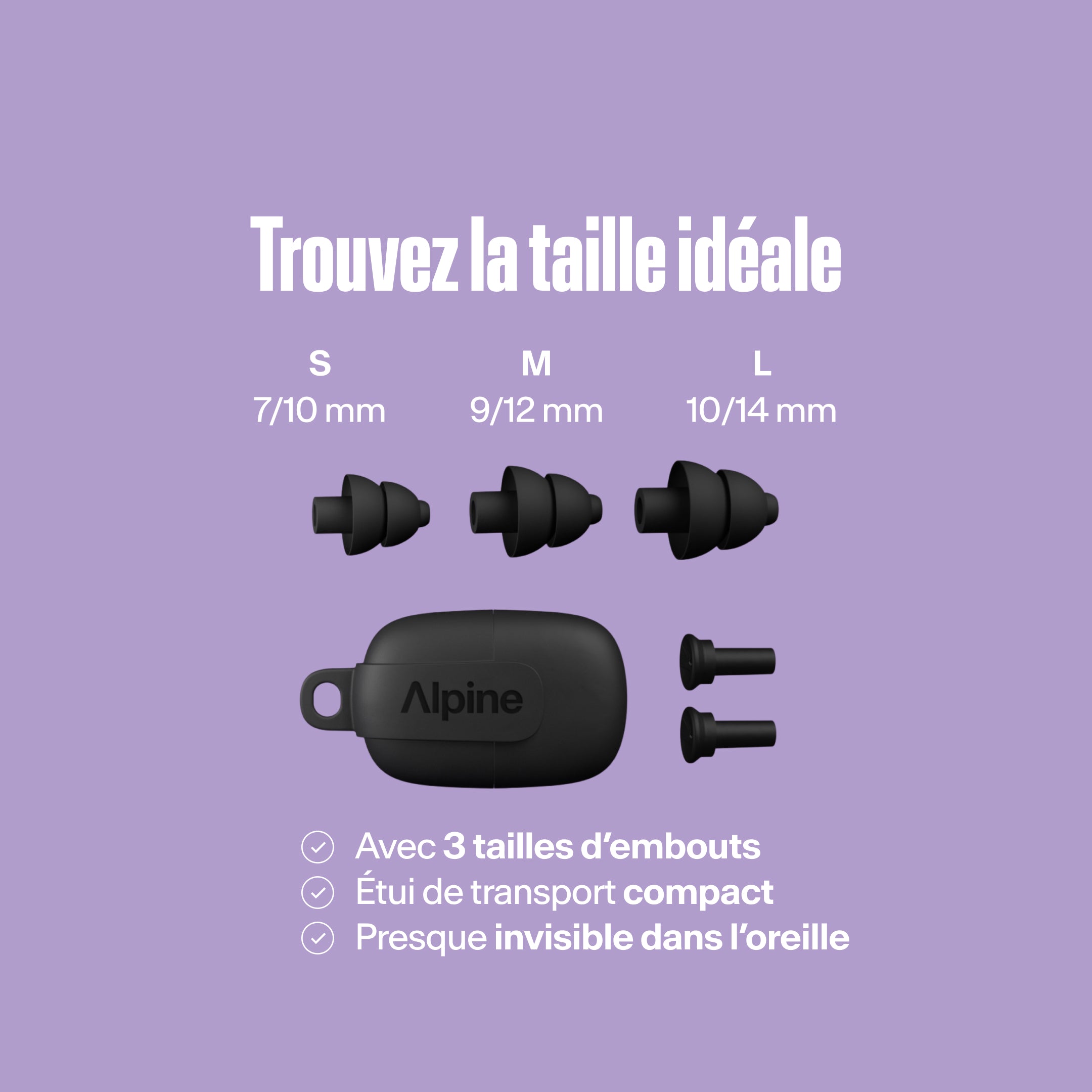 Embouts Alpine PartyPlug (S/M/L) avec étui de transport compact, presque invisibles dans l&