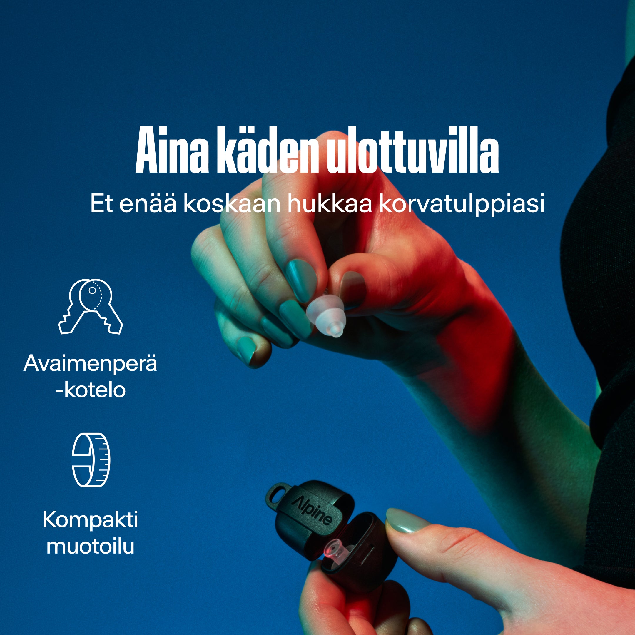 Alpine PartyPlug läpinäkyvä: avaimenperäkotelo, kompakti muotoilu, älä koskaan hukkaa korvatulppiasi
