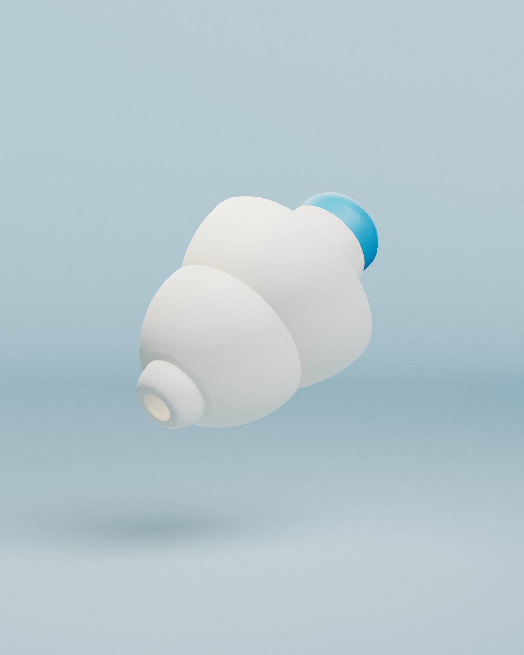 Alpine SwimSafe earplug, 3D render of a white earplug with blue tip on a light blue background