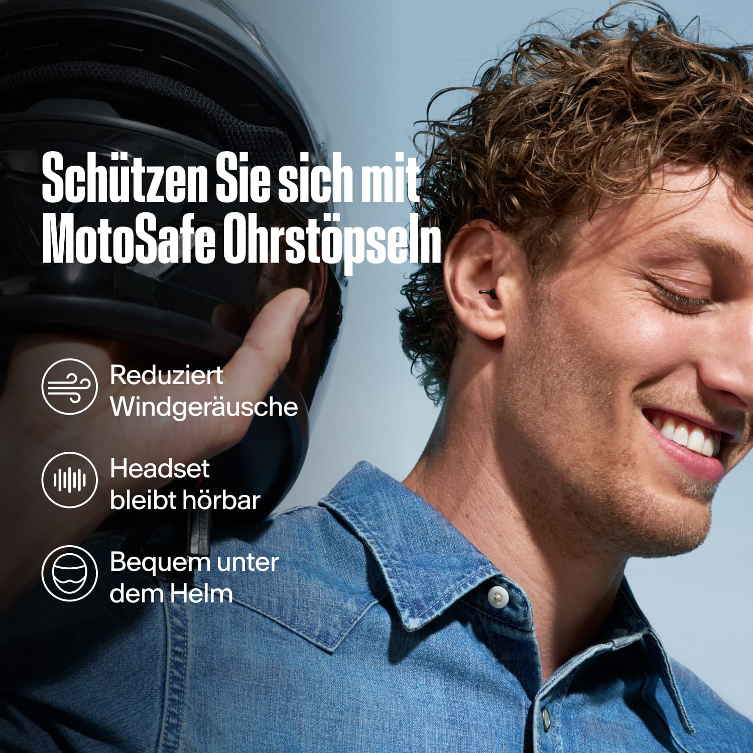 Lächelnder Mann hält einen Motorradhelm, Text „Schützen Sie sich mit MotoSafe Ohrstöpseln“: „Reduziert Windgeräusche“, „Headset bleibt hörbar“, „Bequem unter dem Helm“ (Alpine MotoSafe Tour) 