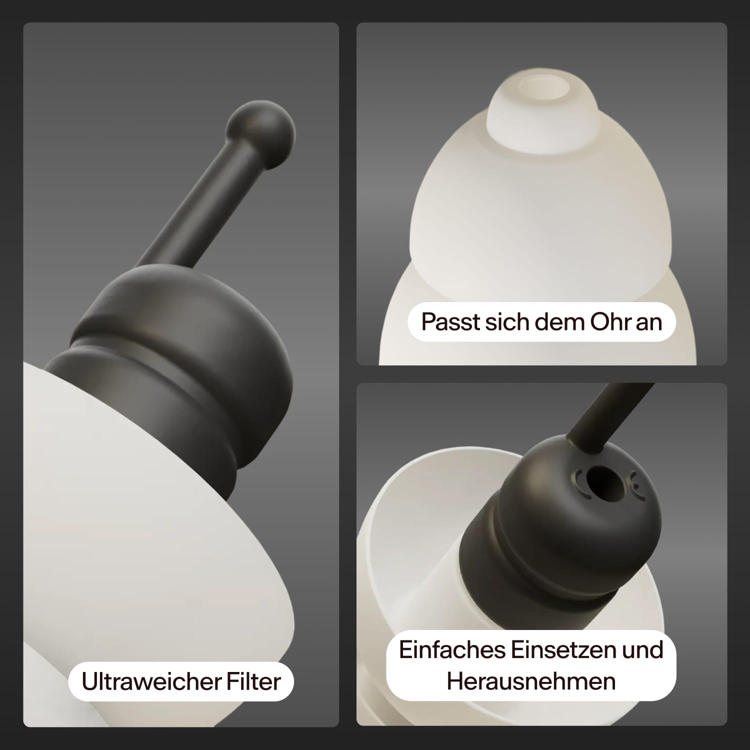 Nahaufnahmen des Alpine MotoSafe Tour Ohrstöpsels mit den Hinweisen „Ultraweicher Filter“, „Passt sich dem Ohr an“, „Einfaches Einsetzen und Herausnehmen“ 