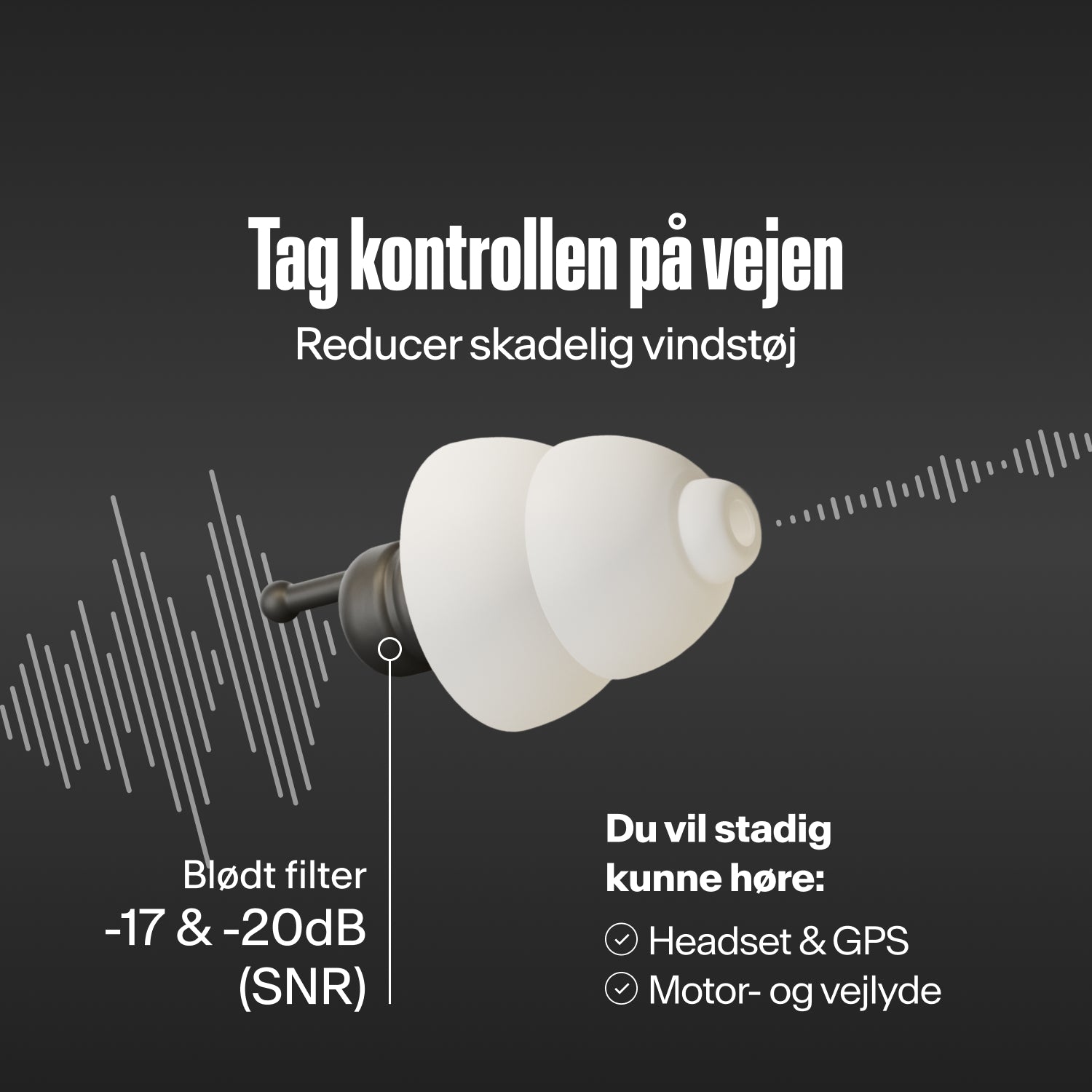 Alpine MotoSafe Duo øreprop der filtrerer lydbølger, med teksten &