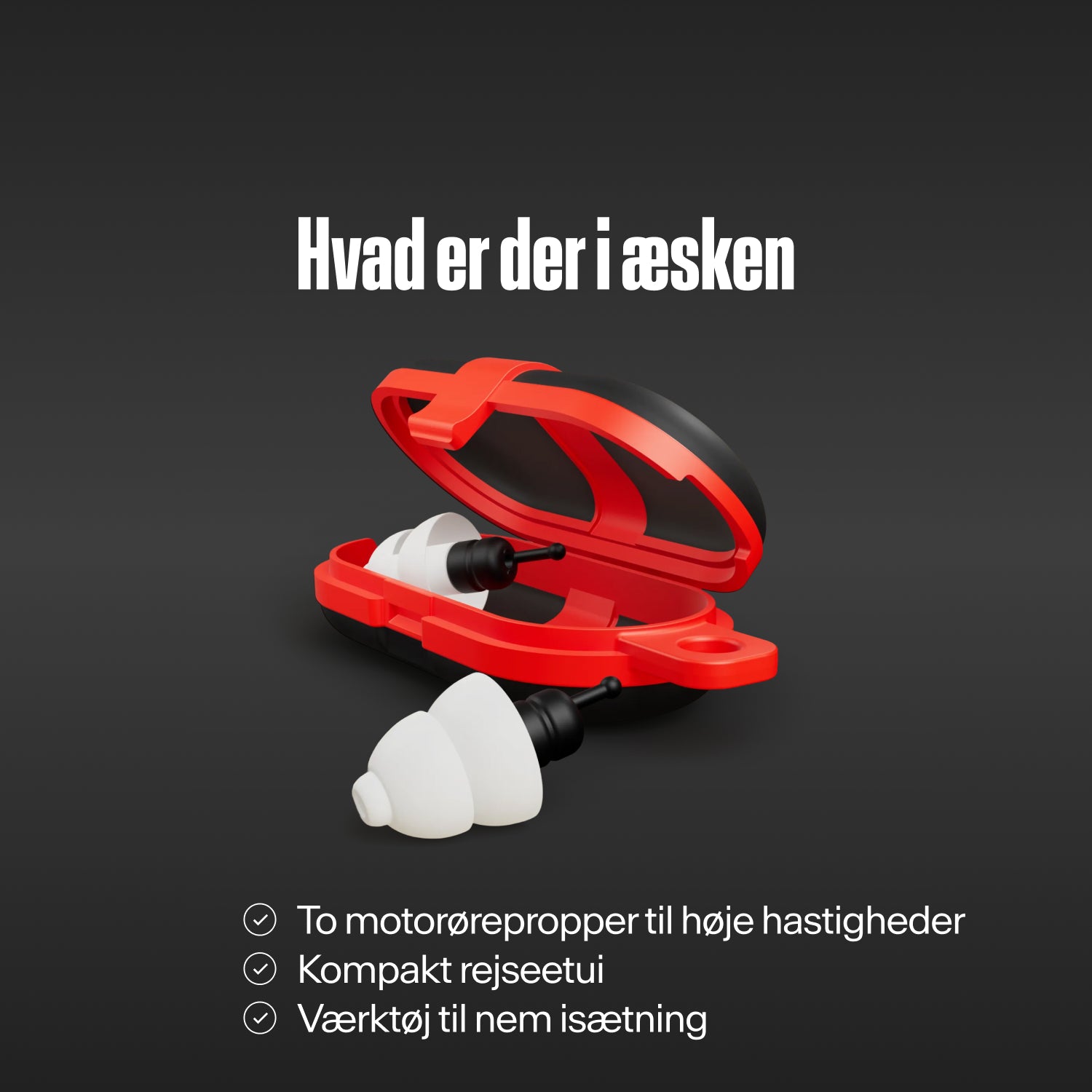 "Hvad er der i æsken": to Alpine MotoSafe Tour ørepropper med et åbent, kompakt rødt rejseetui samt værktøj til nem isætning 