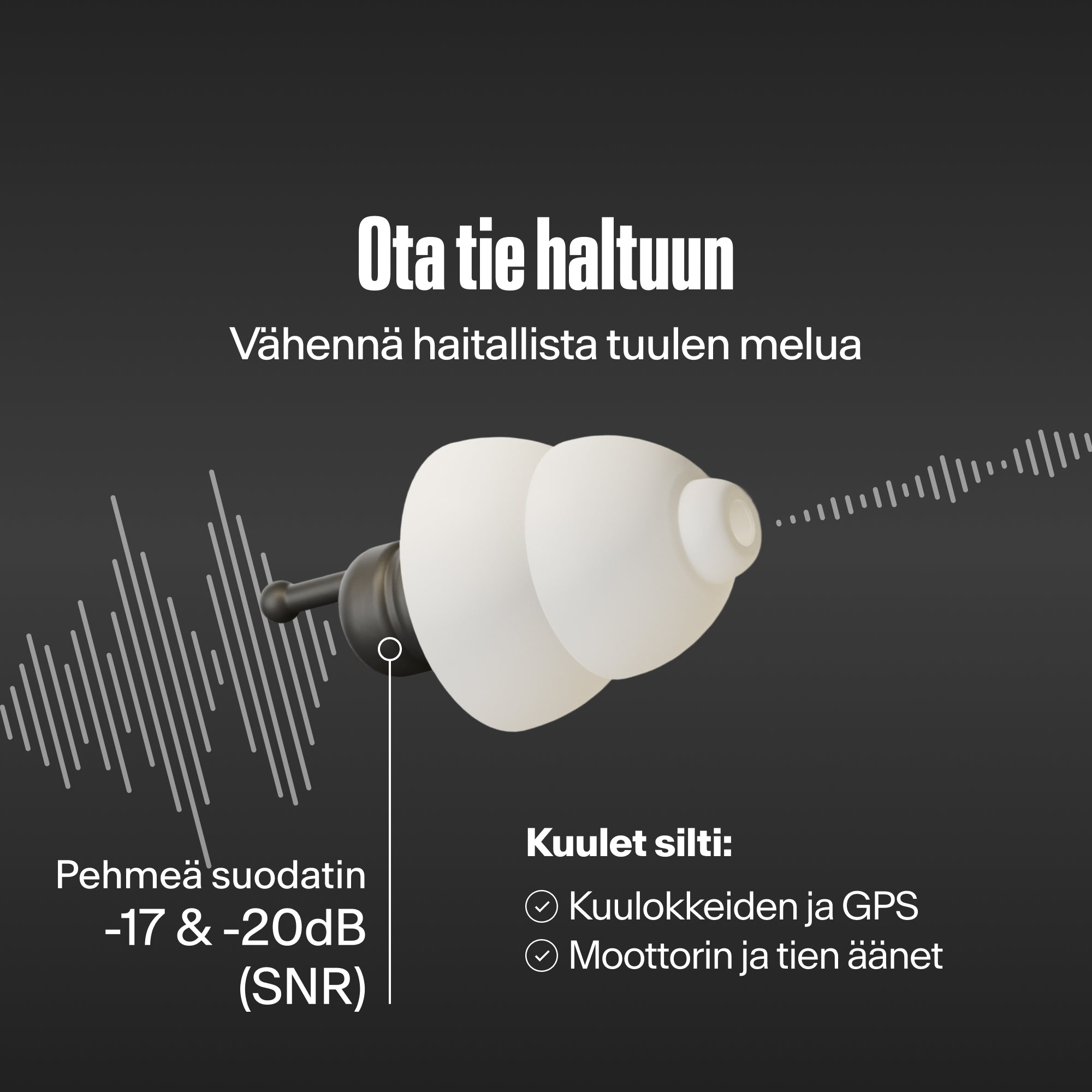 Alpine MotoSafe Duo -korvatulppa suodattaa ääniaaltoja, tekstinä &