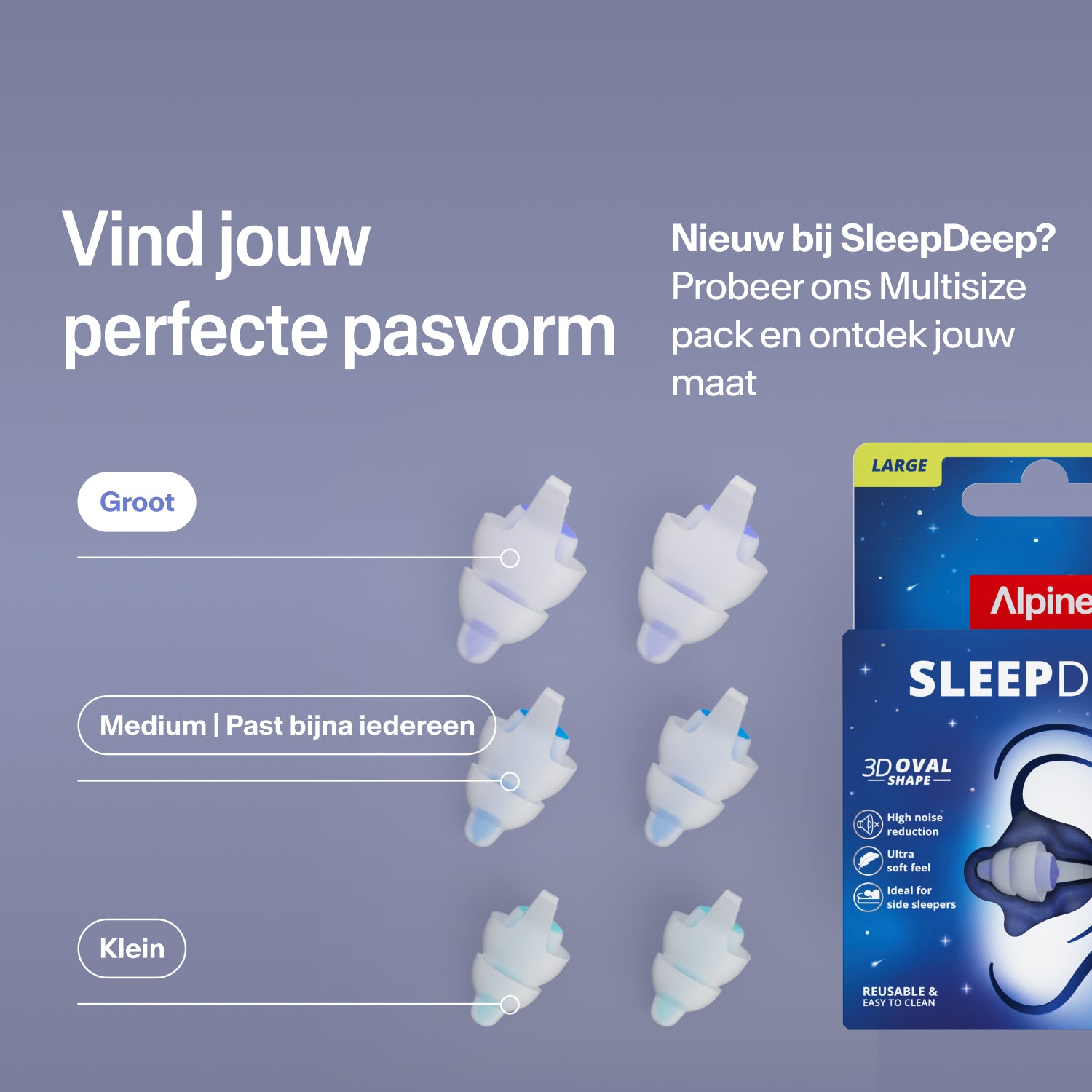 Alpine SleepDeep oordopje in maat L dempt gesnurk, buren- en verkeerslawaai met 27 dB, terwijl de wekker hoorbaar blijft  
