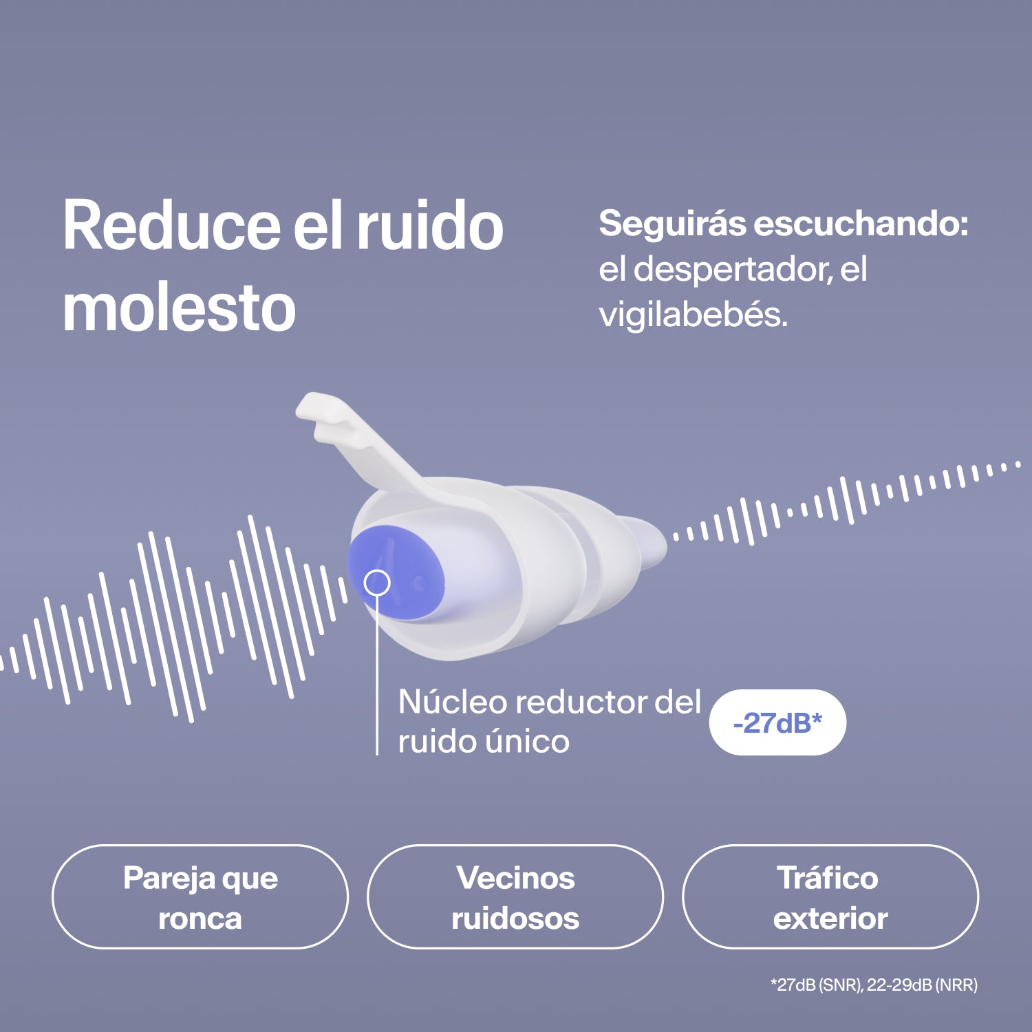 Tapón Alpine SleepDeep Multisize que reduce 27 dB ronquidos, ruido de vecinos y tráfico, sin dejar de oír el despertador 