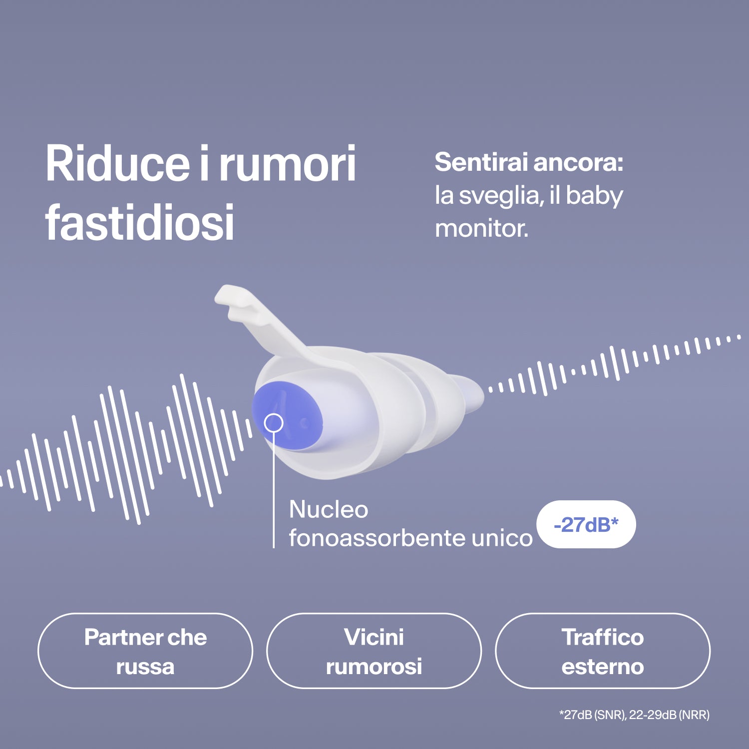 Tappo Alpine SleepDeep taglia L che riduce di 27 dB russamento, rumori dei vicini e traffico, lasciando udibile la sveglia 
