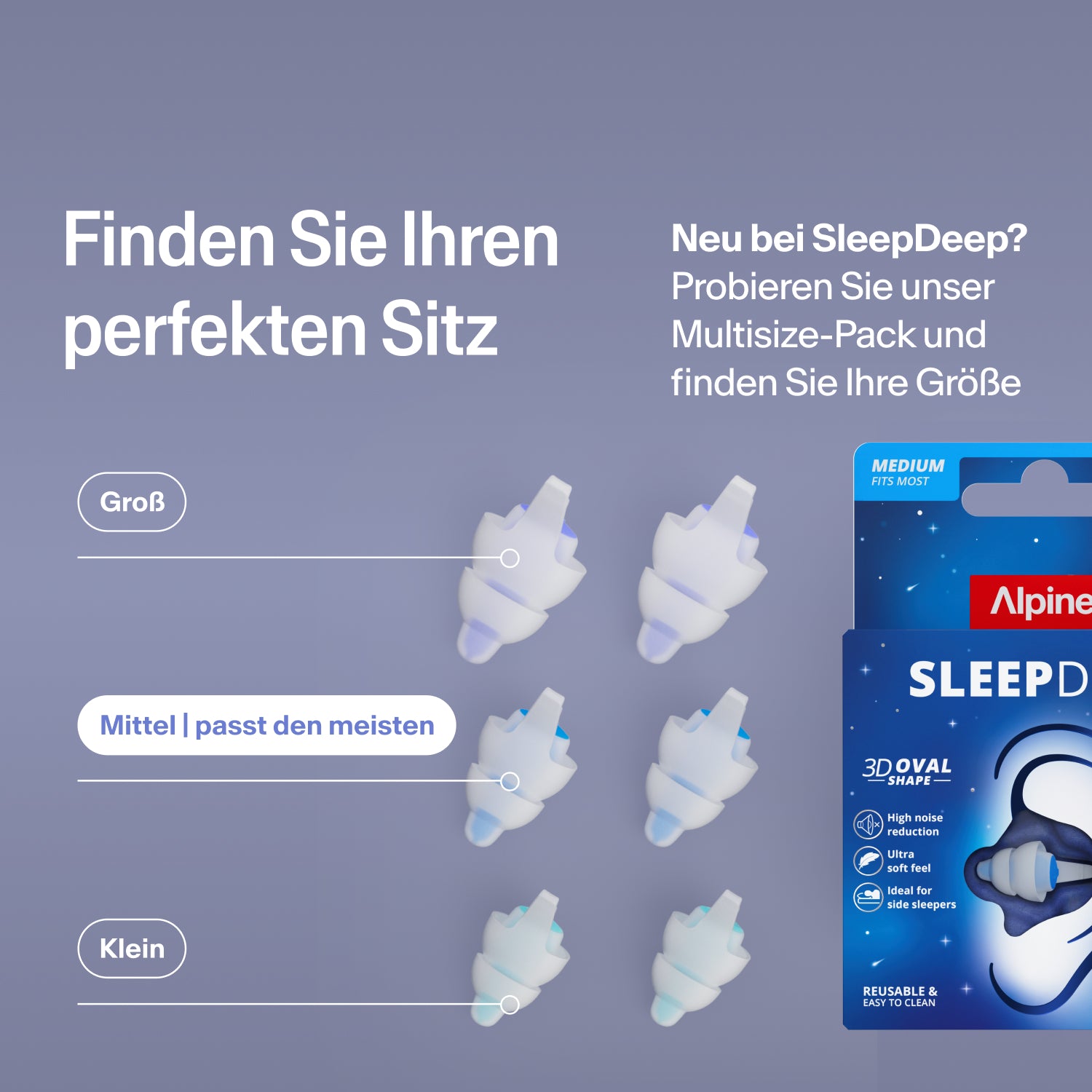 Alpine SleepDeep Ohrstöpsel in den Größen Large, Medium und Small neben der Packung; mit dem Multisize-Set die richtige Größe finden 