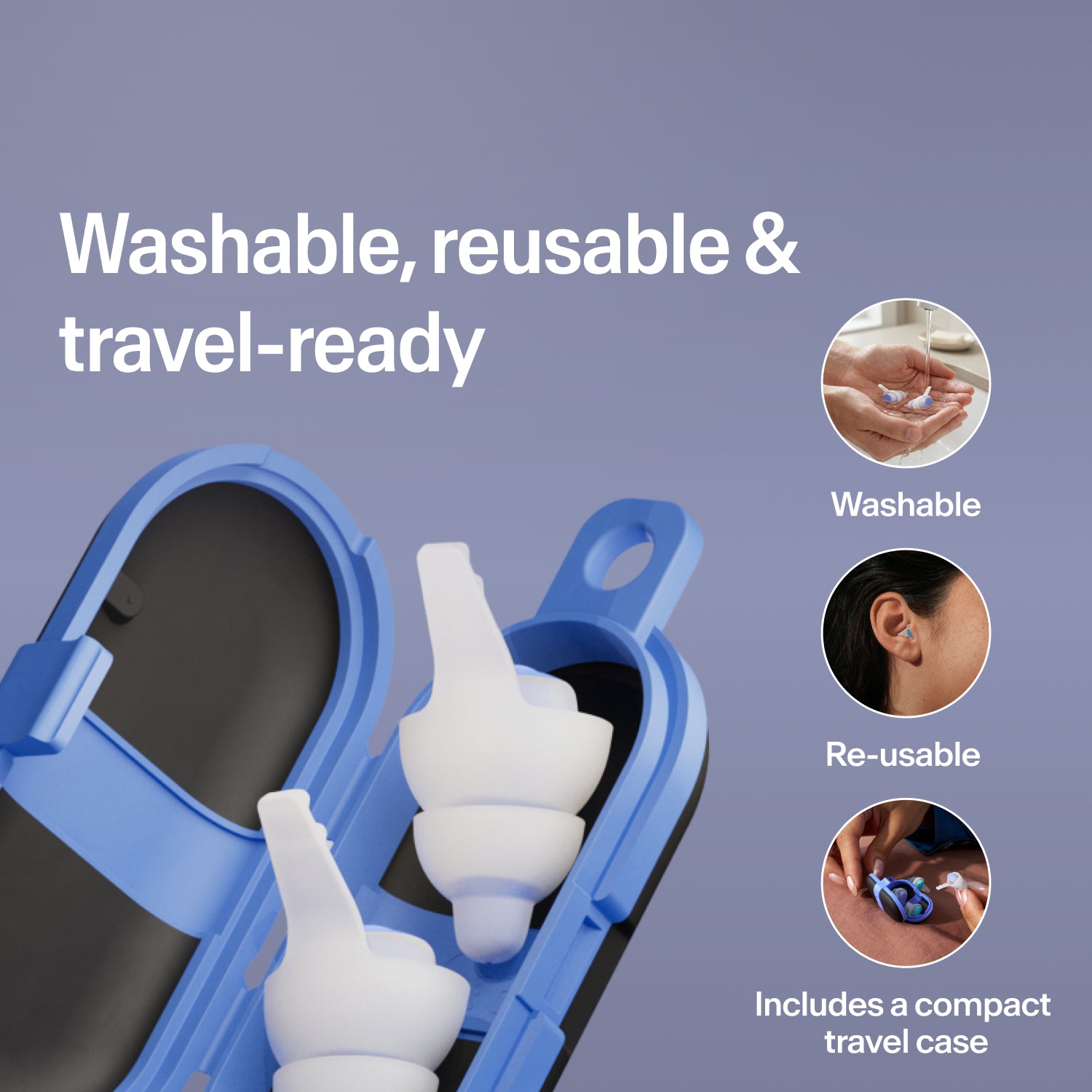 Washable, reusable Alpine SleepDeep earplugs in size M in an open blue compact travel case, ready for travel  