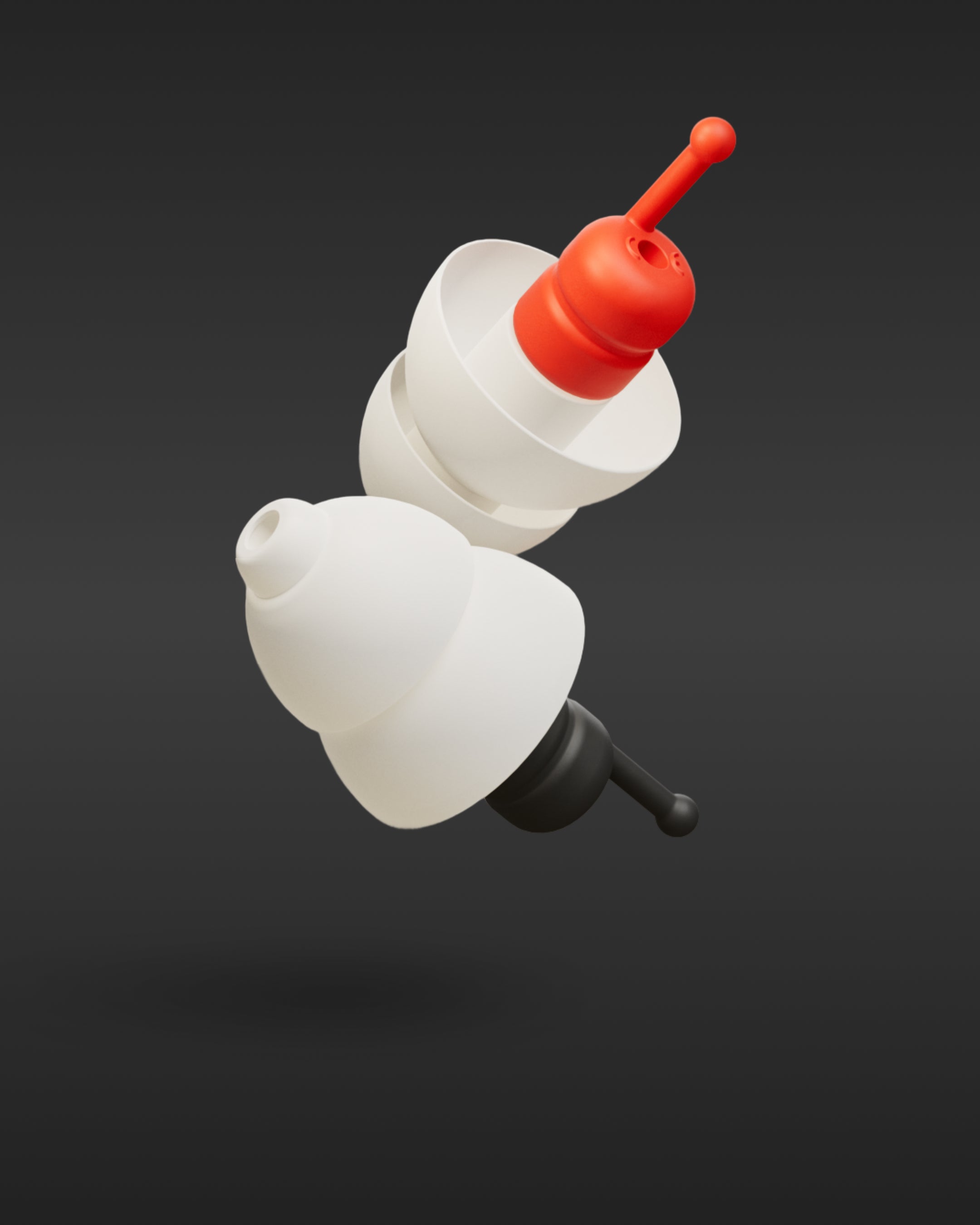 Alpine MotoSafe Duo: white earplugs with red and black filters, 3D render on a dark background 