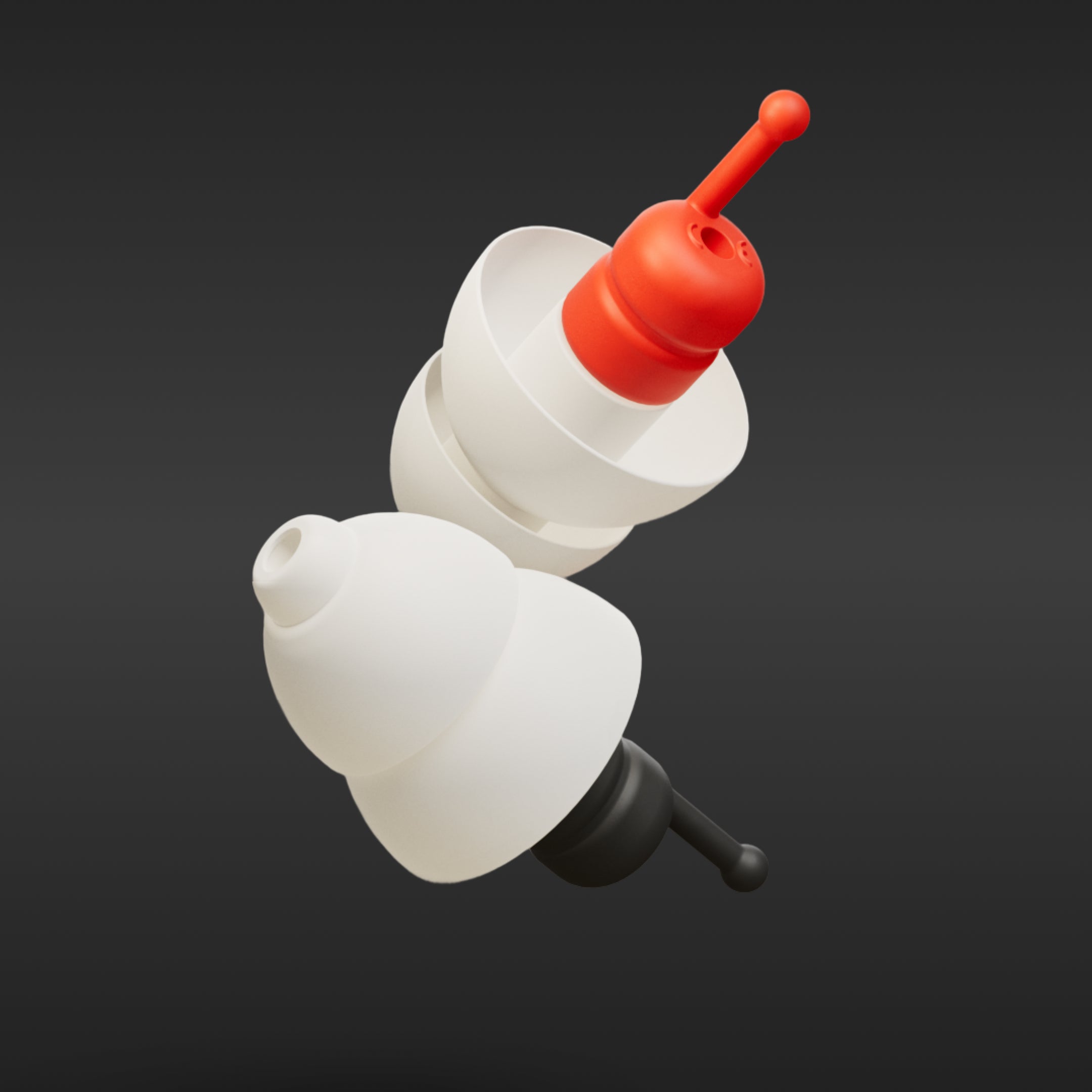 Alpine MotoSafe Duo earplugs with red and black filters, 3D render on a dark background 