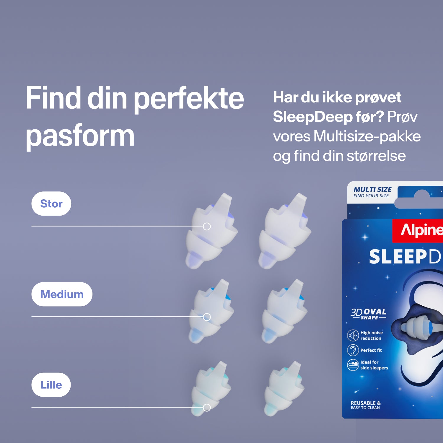 Alpine SleepDeep ørepropper i størrelserne Large, Medium og Small ved siden af pakken; find den rette størrelse med Multisize-pakken 