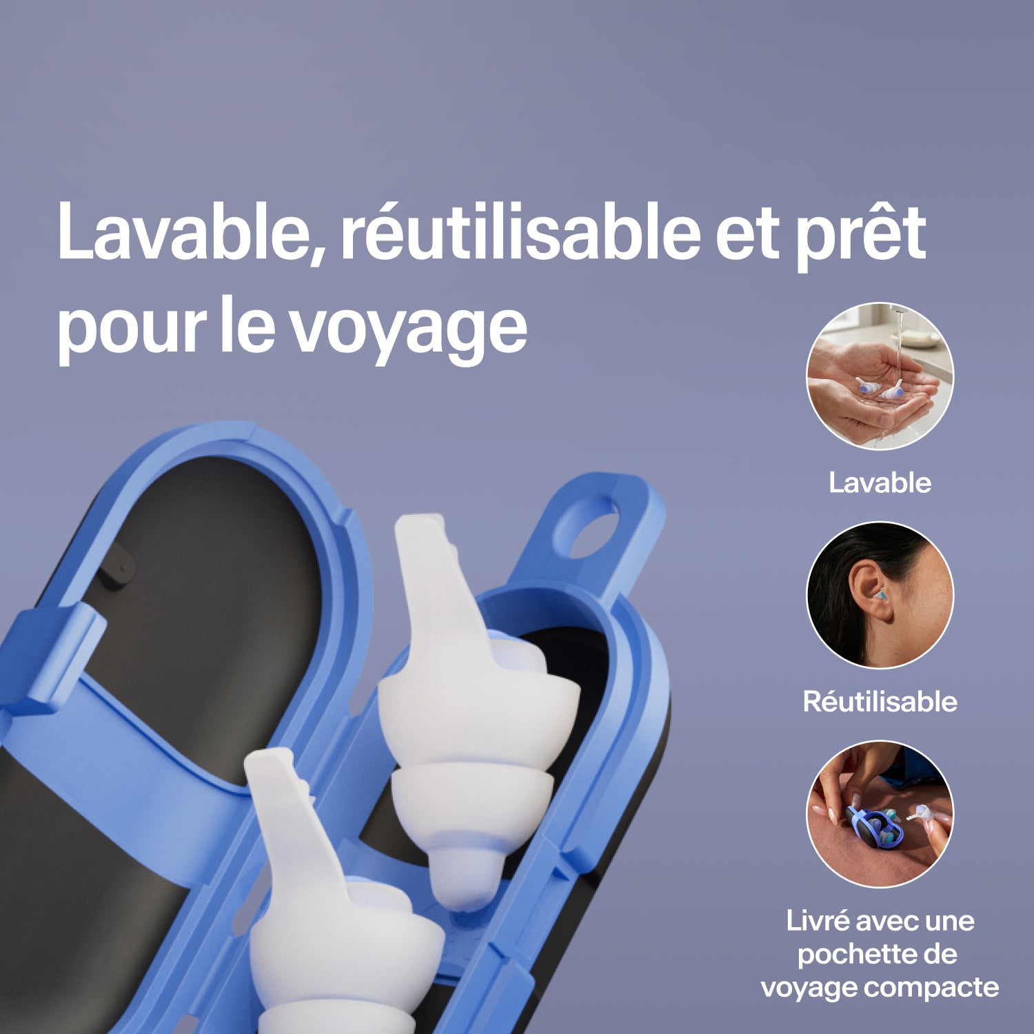 Bouchons lavables et réutilisables Alpine SleepDeep taille M dans un étui de voyage bleu compact ouvert, prêts à partir 