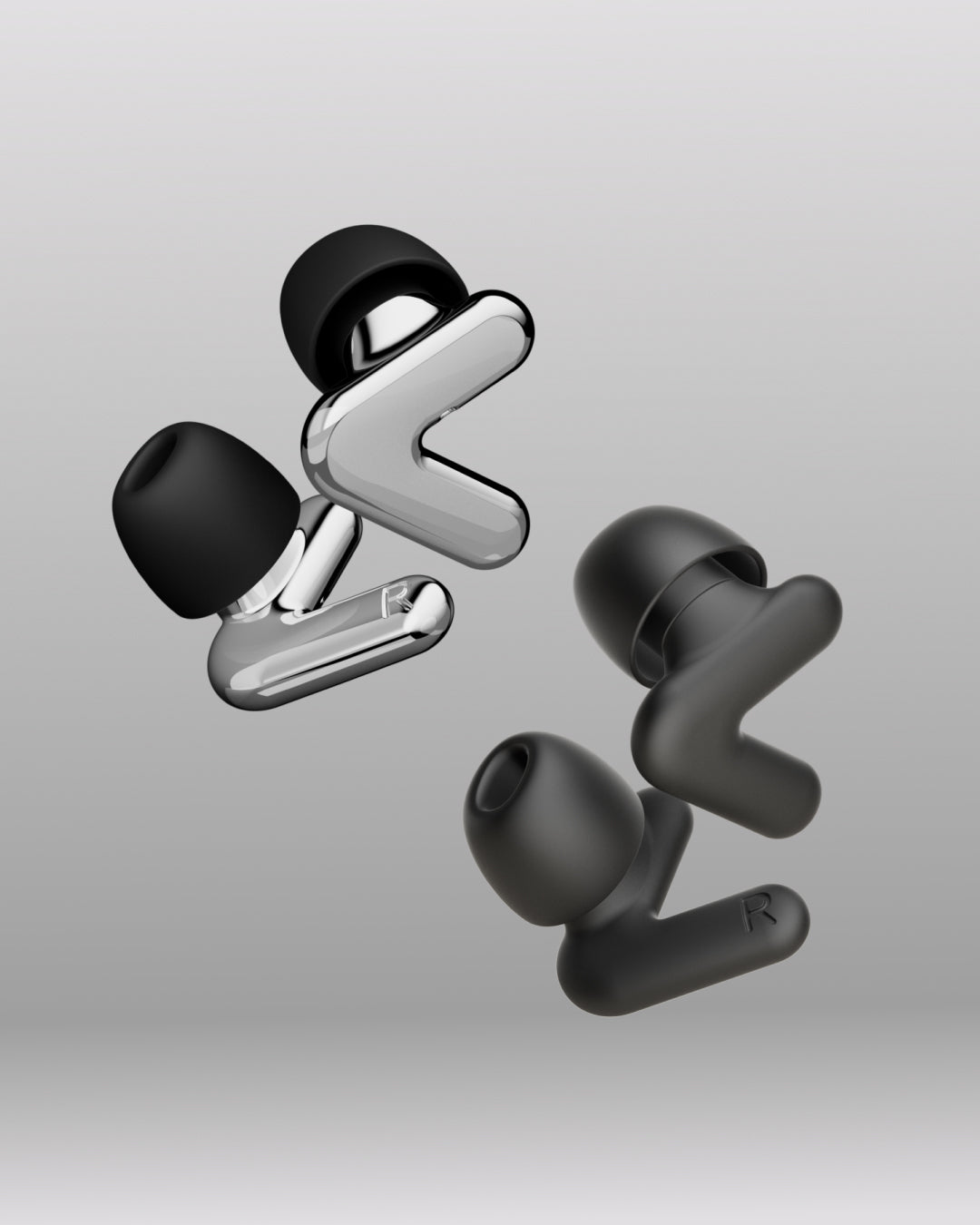 Alpine Day & Night Bundle: silver Alpine Tune and black Alpine Silence earplugs, 3D render on a grey background #pdp_hide
