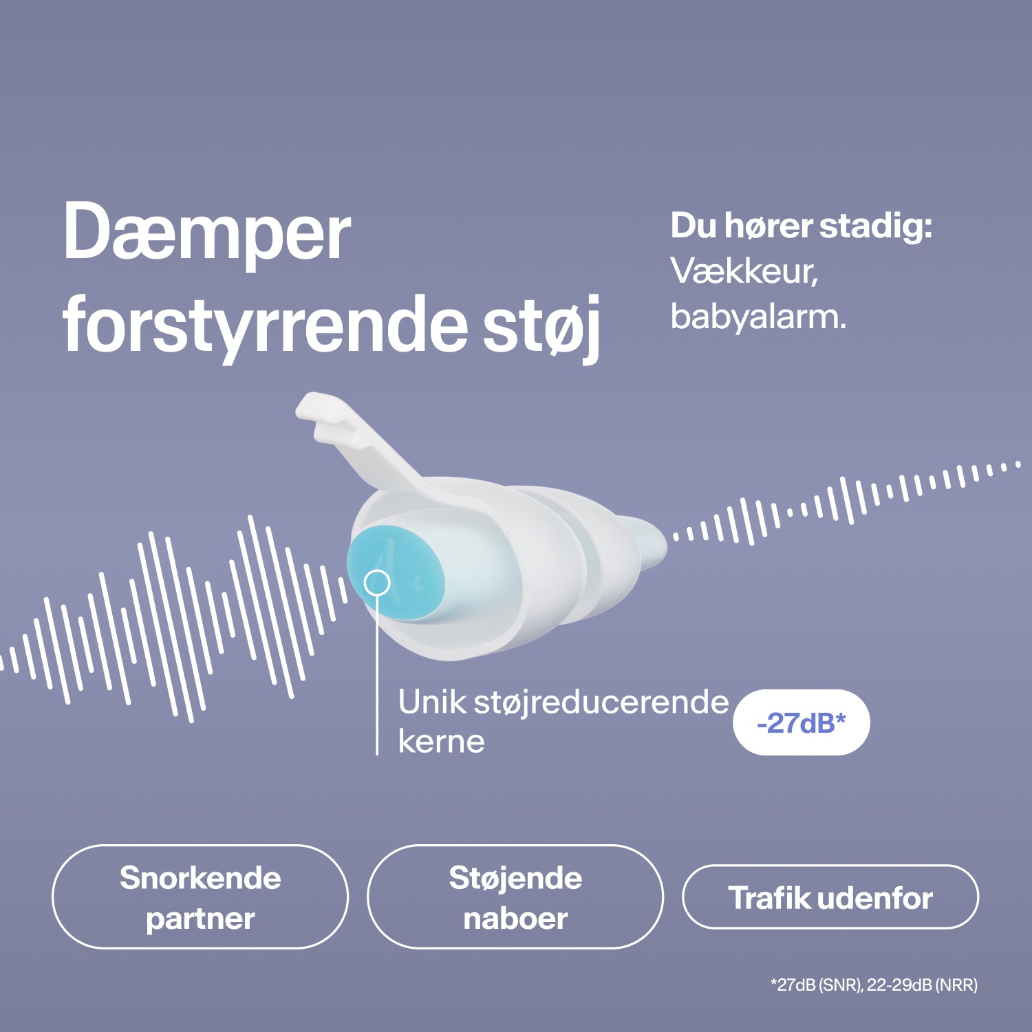 Alpine SleepDeep øreprop i størrelse S dæmper snorken, nabo- og trafikstøj med 27 dB, mens vækkeuret stadig kan høres 