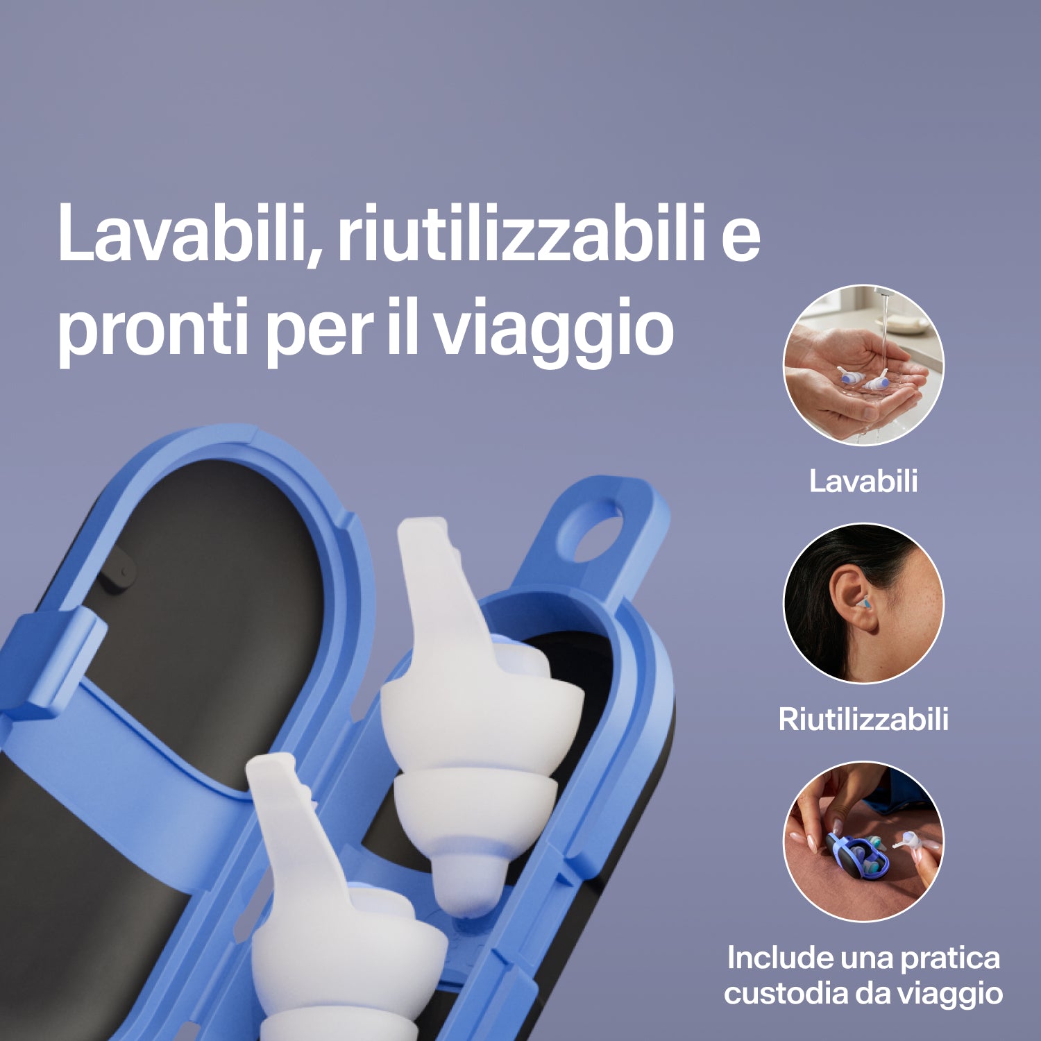 Tappi lavabili e riutilizzabili Alpine SleepDeep taglia S in una custodia da viaggio blu compatta aperta, pronti per viaggiare 