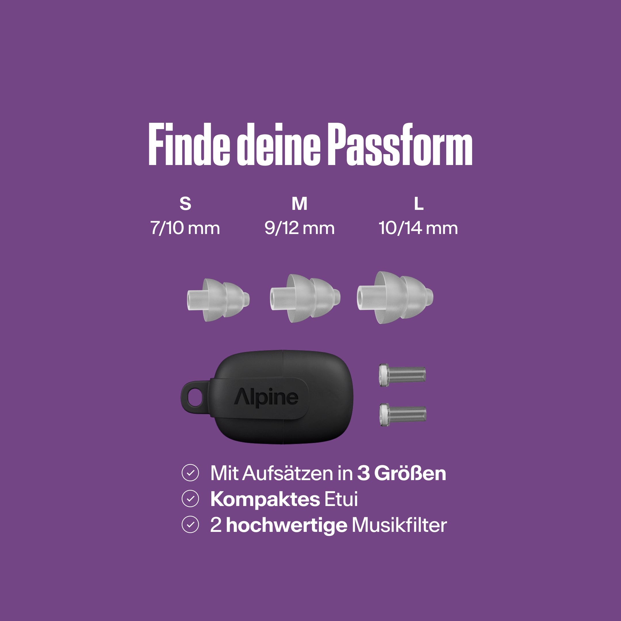 Alpine PartyPlug Pro: finde deine perfekte Passform. Drei transparente Ohrstöpsel-Größen S, M, L, Tragetasche, zwei Musikfilter 