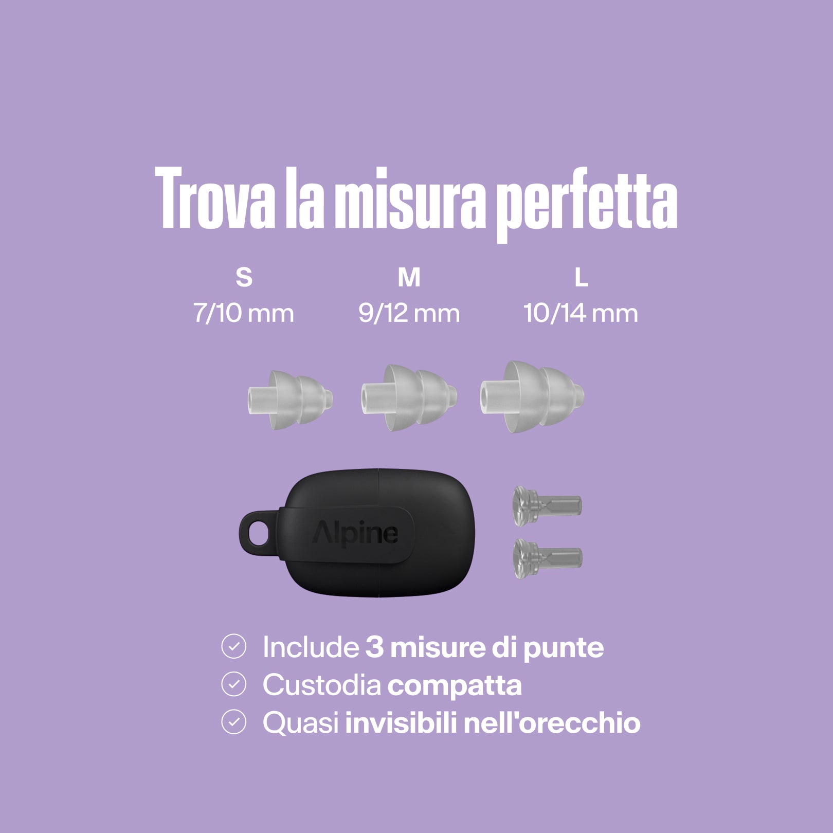 Punte Alpine PartyPlug (S/M/L) con custodia compatta, quasi invisibili nell&