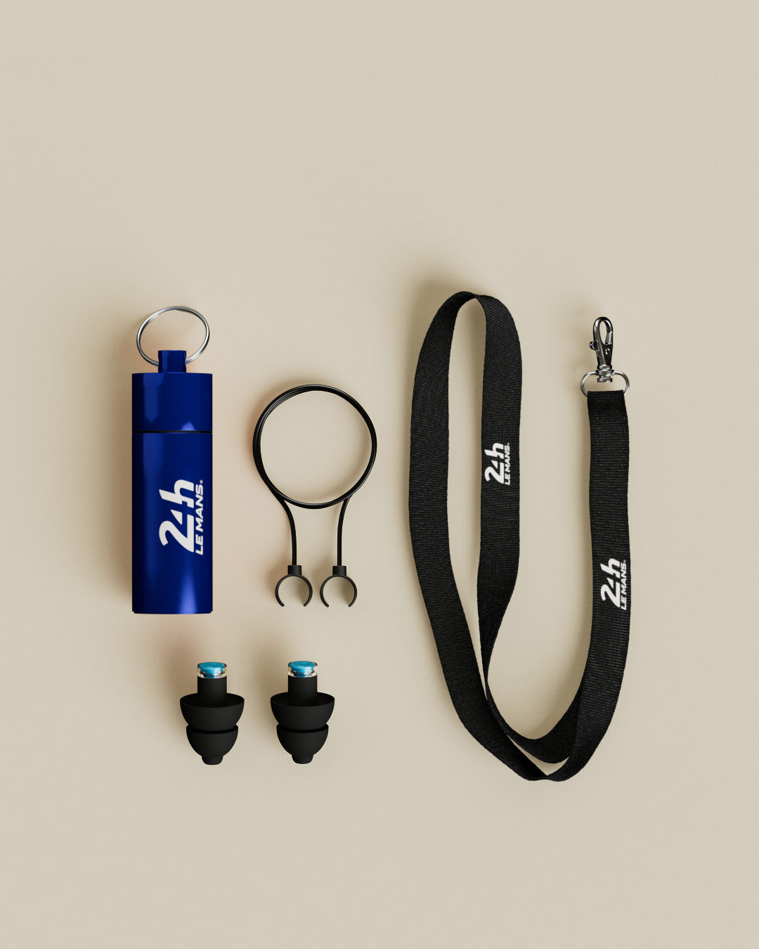 Alpine 24h Le Mans® Earplugs with blue 24h Le Mans carrying tube, safety cord and lanyard, top view 