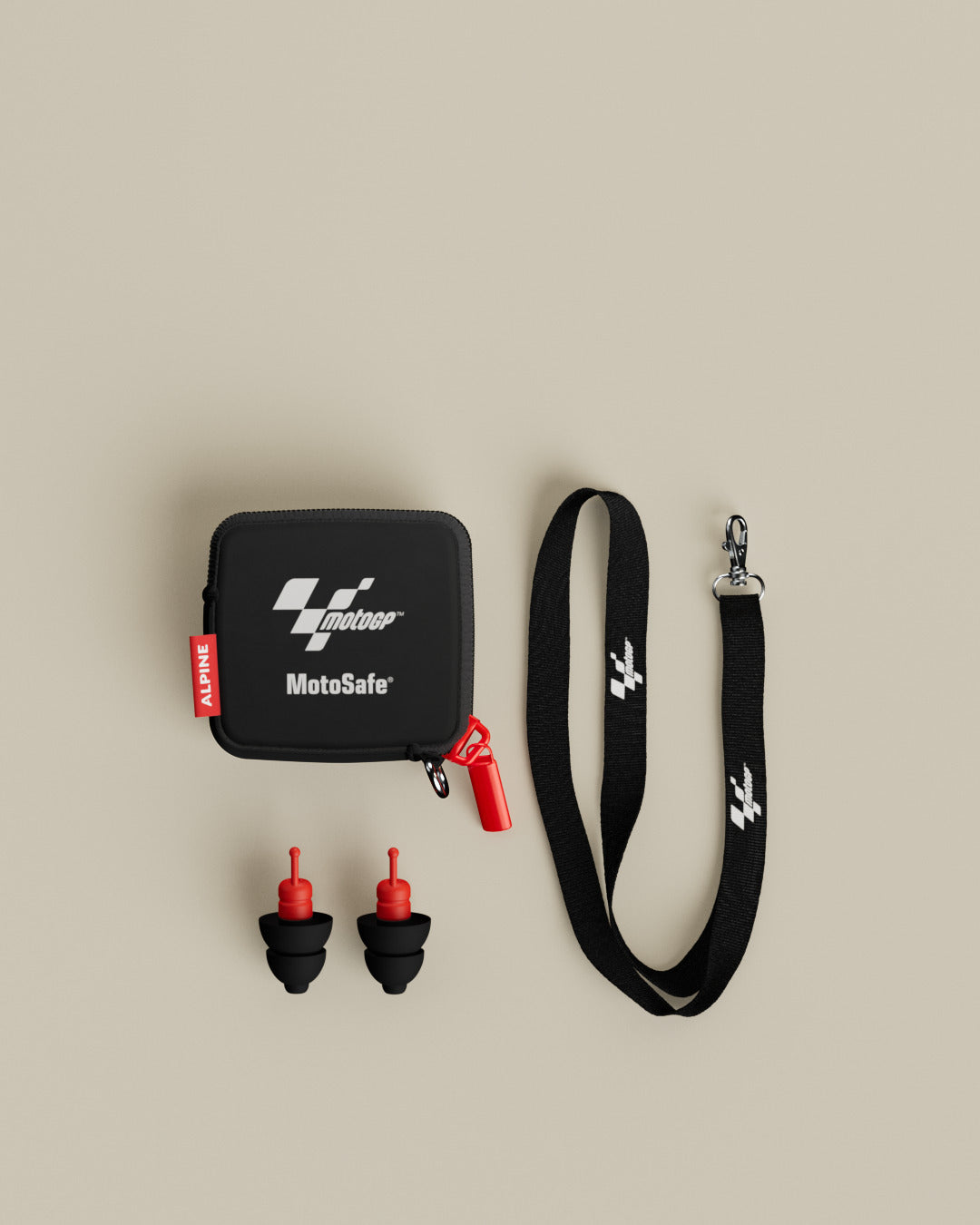 Alpine MotoGP™ Earplugs with MotoGP™ MotoSafe carrying pouch and lanyard, top view