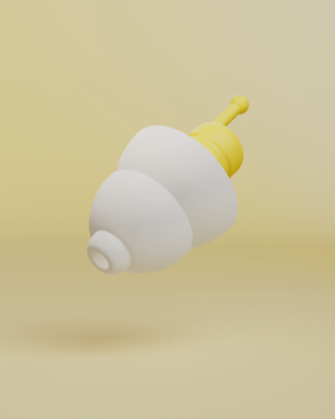 Alpine FlyFit product animation, 3D render of a white earplug with yellow filter on a yellow background 