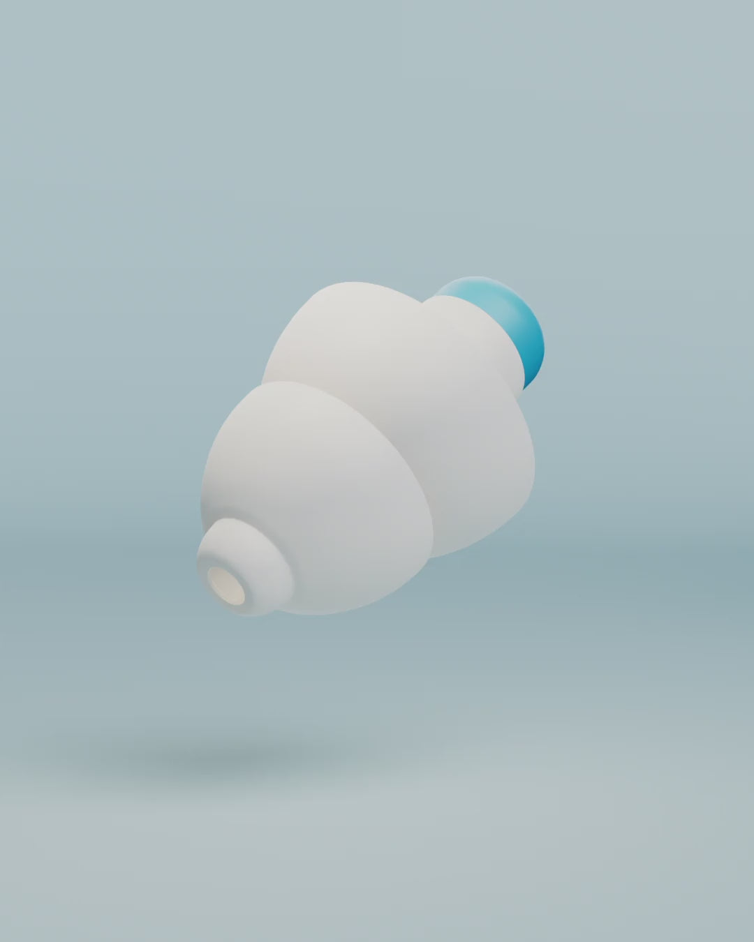 Alpine SwimSafe product animation, 3D render of a white earplug with blue tip 