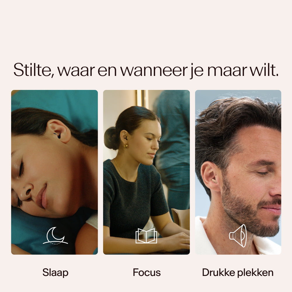 Drie mensen in verschillende staten van rust of concentratie, met Alpine Silence in beige, met tekst en iconen die &